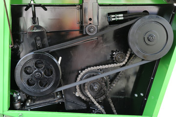 Combine harvester drive. Pulleys and belt drives.