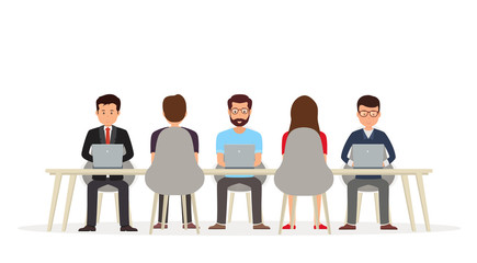 Business people working together at the desk using a laptop. Business meeting or coworking.