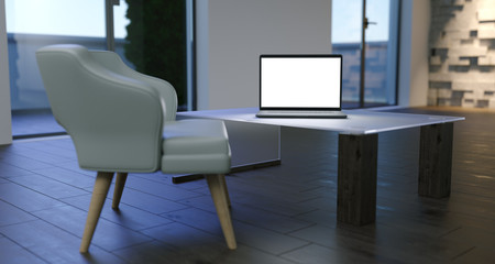 Minimalistic Room With Big Windows And Laptop White Screen On Table And Armchair. 3D Rendering