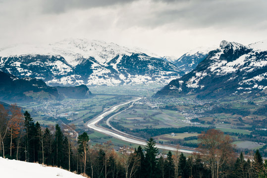Aerial view of Liechtenstein Upper Rhine valley municipality of Triesenberg