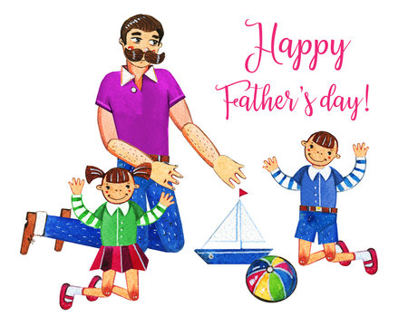 Father's day hand drawn watercolor illustration with father and two kids playing with toys. Isolated on white background