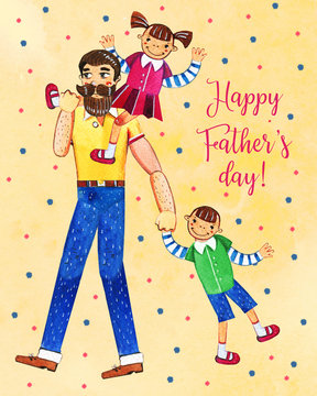 Father's day hand drawn watercolor illustration with father walking and two kids. Girl sitting on shoulders, boy walking. On yellow dotted textured background