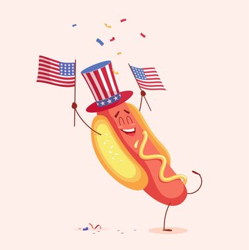 Funny Cartoon Hot Dog Holding Usa Flag. Vector Illustration
