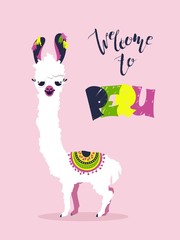 Welcome to Peru poster with cute cartoon lama and text 