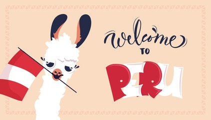Cute cartoon lama with flag of Peru. Welcome to Peru poster. Vector illustration