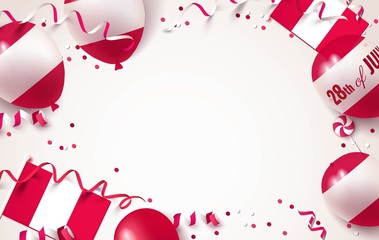 28th of July. Peru independence day celebration background with balloons, flag and confetti. Festive border flat lay. Vector illustration