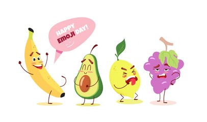 Cute cartoon fruits with different emotions. Happy emoji day concept. Vector illustration