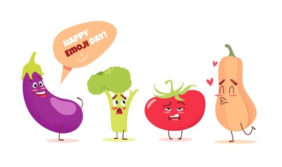 Cute cartoon vegetableswith different emotions. Happy emoji day concept. Vector illustration
