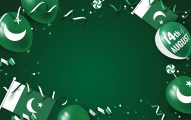 14th of August. Pakistan independence day celebration background with balloons, flag and confetti. Festive border flat lay. Vector illustration