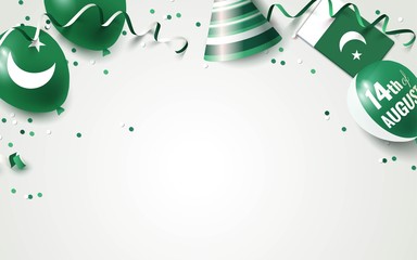 14th of August. Pakistan independence day celebration background with balloons, flag and confetti. Festive border flat lay. Vector illustration