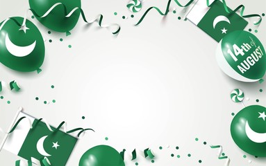 14th of August. Pakistan independence day celebration background with balloons, flag and confetti. Festive border flat lay. Vector illustration