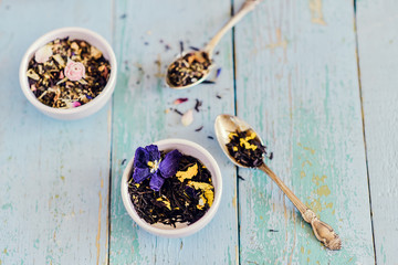 Flower tea: edible Pansy flowers, lemongrass, lavender, rose. Tea with flower petals.