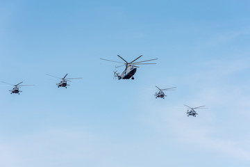 Moscow. Russia-may 4, 2018: Heavy transport helicopter of Russian air force Mi - 26 and Mi - 8 rehearsal of the aviation part of the parade to Victory day. 