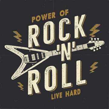 Fototapeta Vintage Hand Drawn Rock n Roll Poster, Rock Music Poster. Hard Music Tee Graphics Design. Rock Music T-Shirt. Power of Rock n Roll quote. Stock retro wallpaper, emblem.