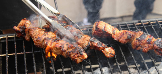 Closeup of meat skewers being grilled in a barbecue