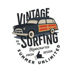 Vintage hand drawn tee print design with retro surf car, shaka sign and typography elements. Surf print design, patch. Summer t shirt print concept isolated on white background. Stock 