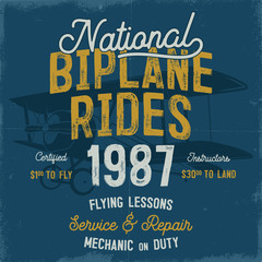 Vintage hand drawn tee graphic design. National Biplane Rides quote. Flying Lessons, Service Repair sign. Mechanic on Duty. Typography retro colors airplane. Stock illustration, background
