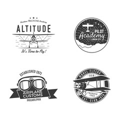 Vintage hand drawn old fly stamps. Travel or business airplane tour emblems. Airplane logo designs. Retro aerial badge. Pilot school logos. Plane tee design, prints. Stock stamps isolated