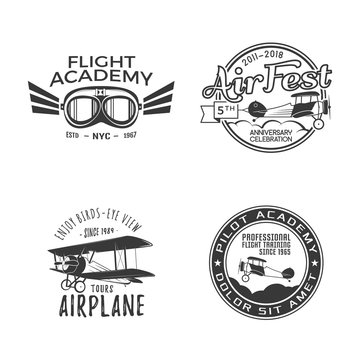 Vintage hand drawn old fly stamps. Travel or business airplane tour emblems. Airplane logo designs. Retro aerial badge. Pilot school logos. Plane tee design, prints. Stock patches isolated