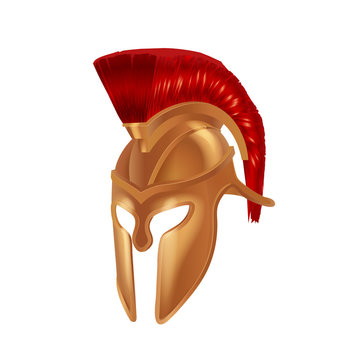 Realistic Spartan Ancient Greek, Roman helmet. Bronze protective headgear.