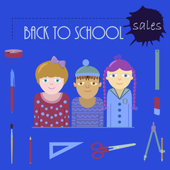 Banner or poster representing back to school sales. Nice flat image with three happy children, set of school stuff and text. Vector illustration suitable for print or web.