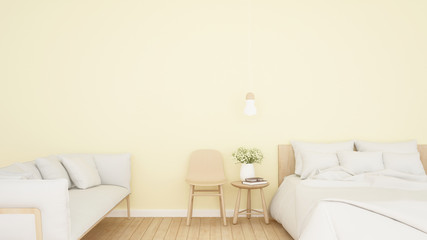 Yellow bedroom and living area in hotel or apartment - Bedroom simple design for artwork hotel or home - 3D Rendering