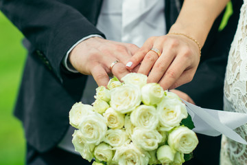 Obraz na płótnie Canvas The hands of the bride and groom show wedding rings