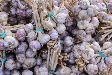 bundles of garlic at the farmer's market day