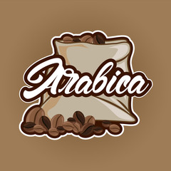 Arabica coffee in lettering style with coffee beans illustrations. Emblem or logo. Vector illustration design.