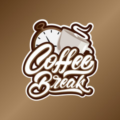 Coffee break text in lettering style with clock and cup illustration. Emblem or logo. Vector illustration design.