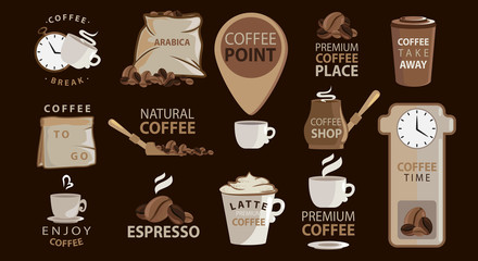 Big set of Coffee emblems or stickers with coffee illustrations. Logotypes. Arabica, espresso, latte. Big vector collection.Related quotes set.
