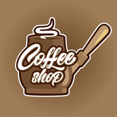 Coffee shop in lettering style on turk illustration. Emblem or logo. Vector illustration design.