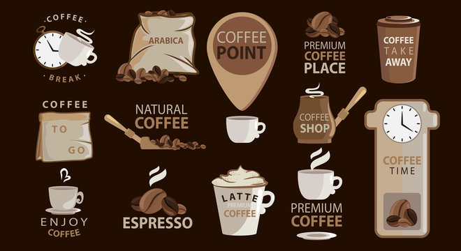 Big set of Coffee emblems or stickers with coffee illustrations. Logotypes. Arabica, espresso, latte. Big vector collection.Related quotes set.