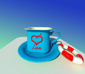 The cup of love served with saving belt 3d illustration. Blue mug and saucer, gradient blue background, perspective view. Collection.