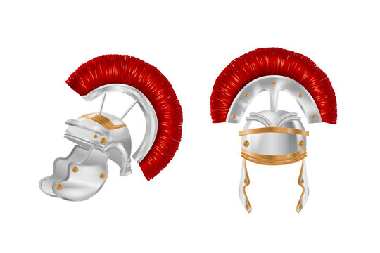 Realistic Spartan Ancient Greek, Roman helmet. Silver protective headgear.