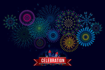 Vector illustration of a celebrate fireworks display over the city at night scene with text and ribbon for holiday and celebration background design.