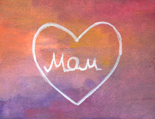 Mothers Day. Inscription mom in heart on orange-purple background in watercolor