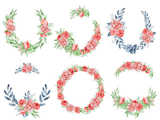 Peonies wreaths set Hand painted watercolor combination of Flowers and Leaves