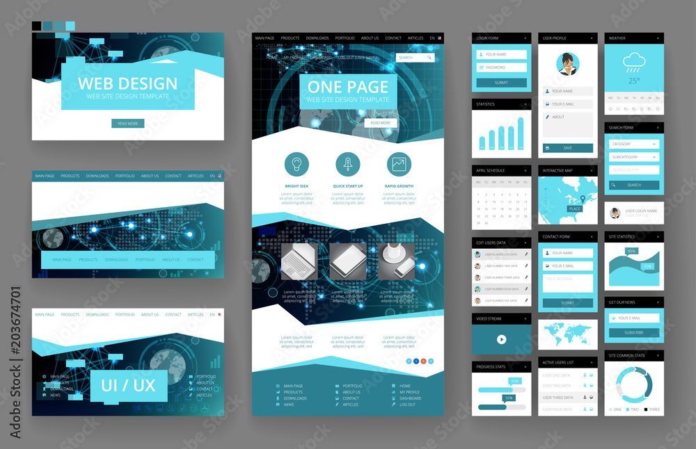 Wall mural website design template and interface elements