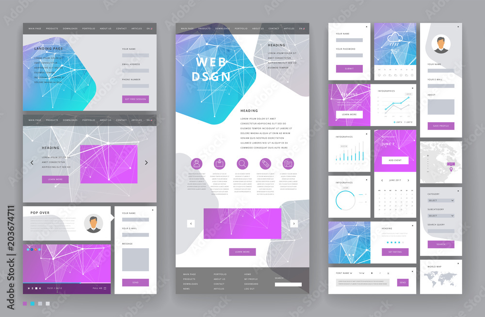Wall mural website template design with interface elements