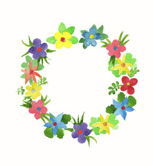 wreath of watercolor simlpe flat flowers
