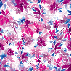 Seamless watercolor pattern of pink flowers on a white background.