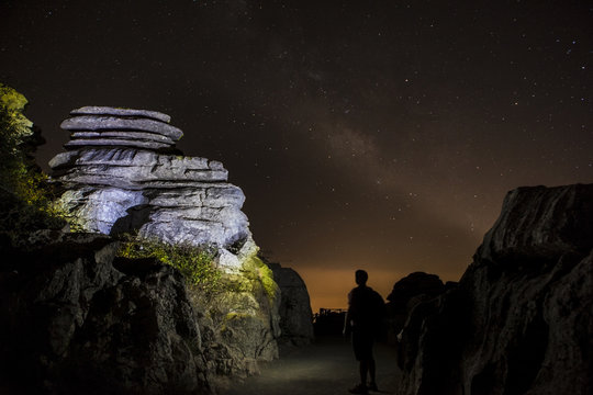 Starry sky background at night in El Torcal de Antequera natural park