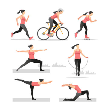 Set of vector illustrations active young woman. Roller skating, bicycling, running, yoga, jumping. Healthy lifestyle.
