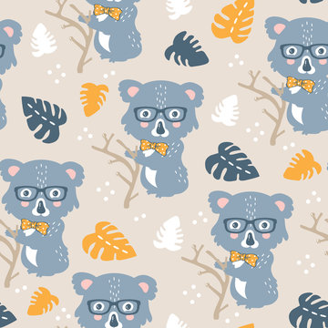vector seamless background pattern with funny baby koalas for fabric, textile