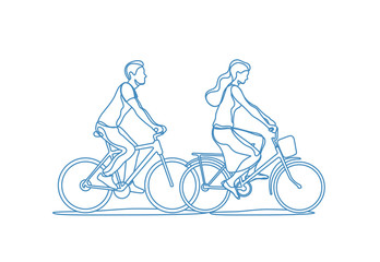 Happy young couple riding on bicycle. Vector illustration.