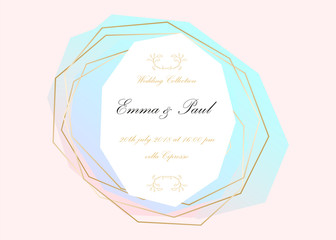 Set of Trendy Chic pastel colored Crystals with Gold geometric shapes. Abstract decoration elements for wedding invitation cards, fashion headers, posters, artistic backgrounds. Vector