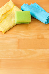 cleaning equipment like rags or sponge is lying on the floor
