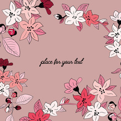 Spring blossoms. Vector illustration of spring red and white flowers with place for your text on pink background