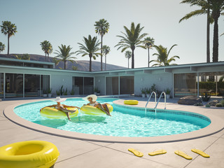 women swimming on float in a pool. 3d rendering